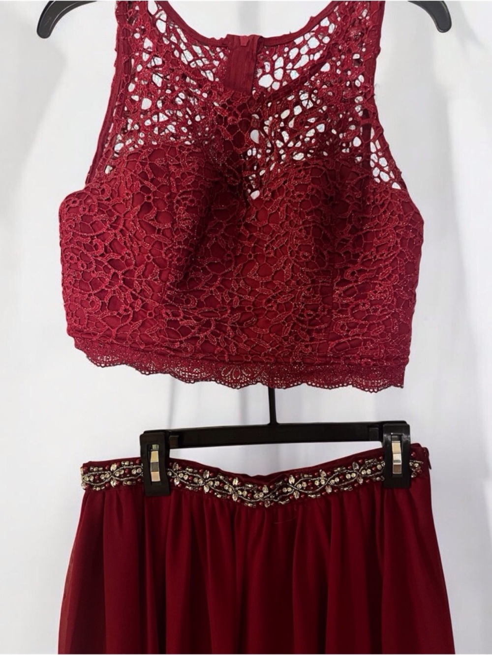 Burgundy Lace Two-Piece Prom Dress Top & Skirt